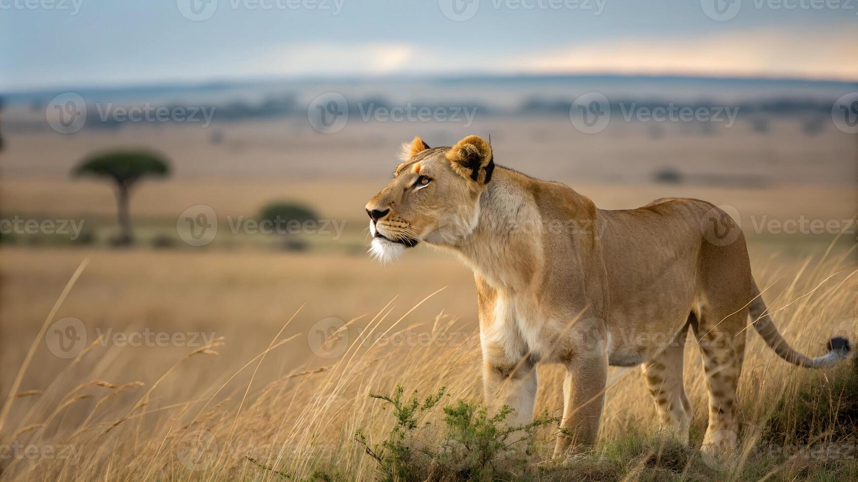 lion standing on the grassy field in the middle of the jungle. photo