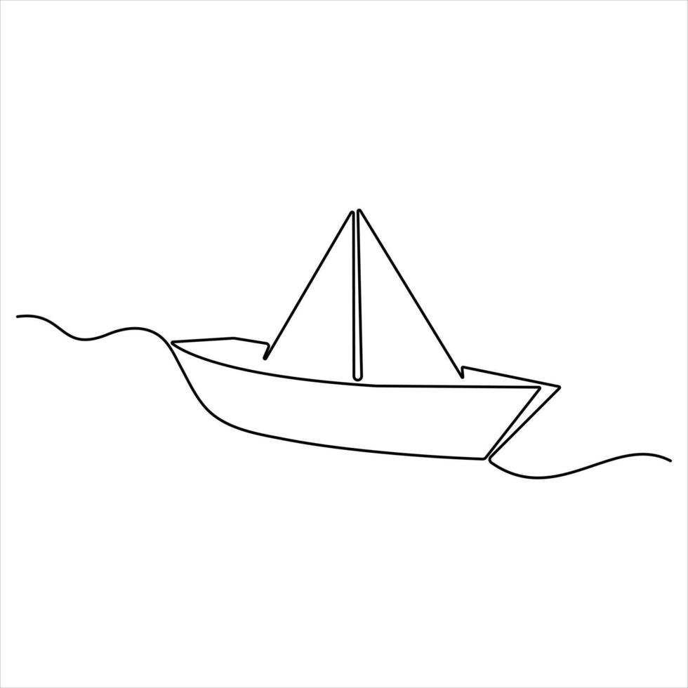 Continuous single line art drawing of paper boat sailing on the water river origami toy vector