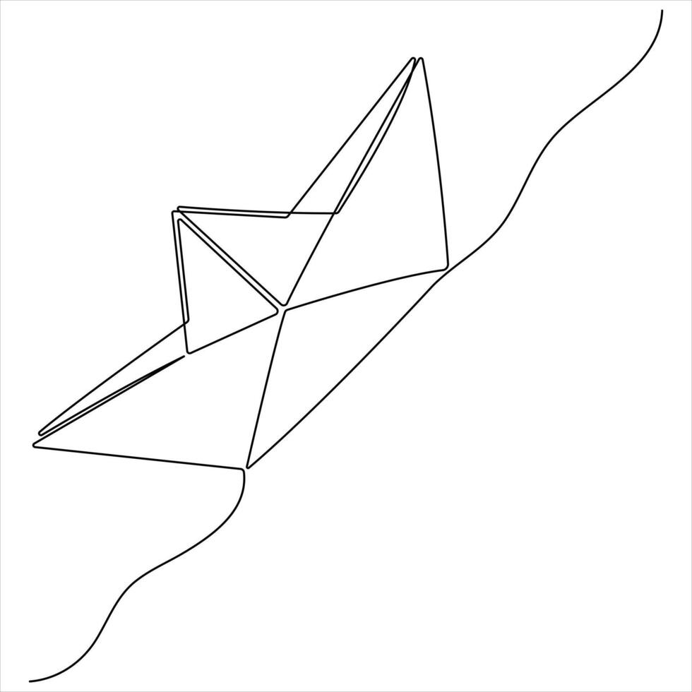 Continuous single line art drawing of paper boat sailing on the water river vector