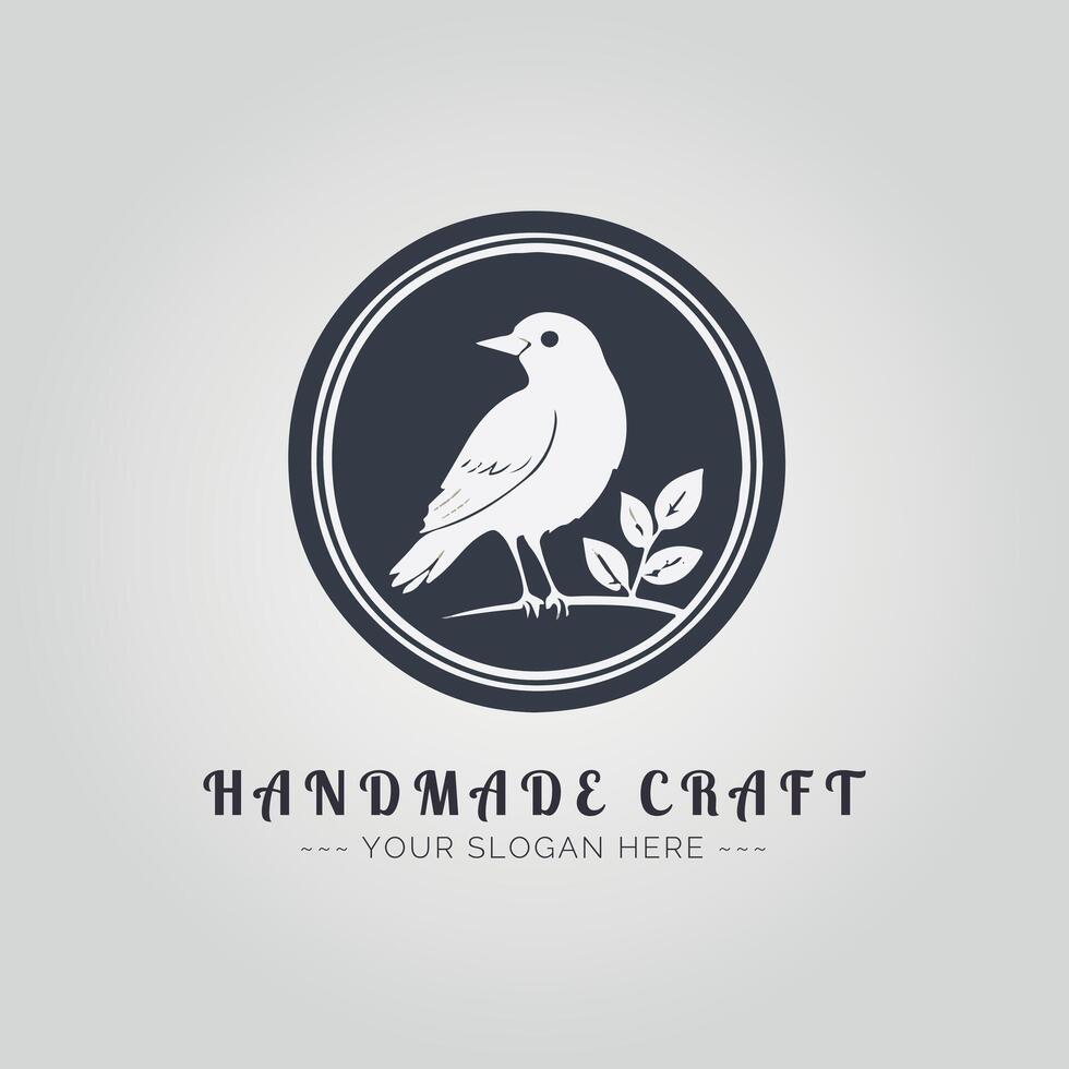 Handmade craft logo design with bird on branch vector