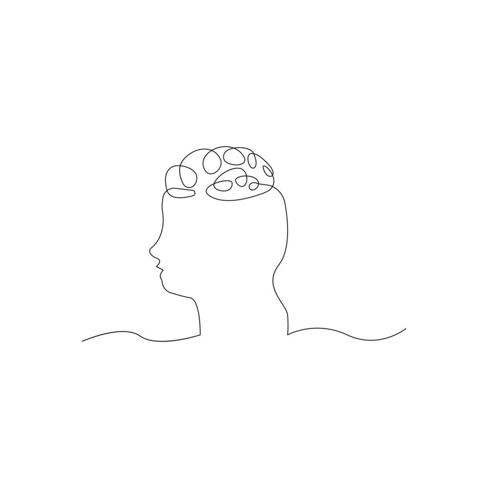Human brain with head in one continuous line drawing art illustration concept of psychology and intelligence vector