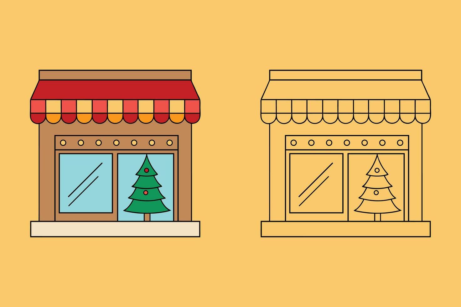 Cozy Christmas Storefront with Tree for Coloring and Festive Holiday Activities vector