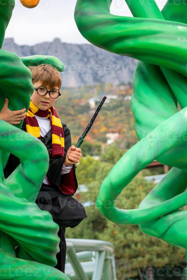 Wizard, Wand, Parade, Boy dressed as Harry Potter holding his wand sitting on a green float at a Harry Potter themed parade. photo
