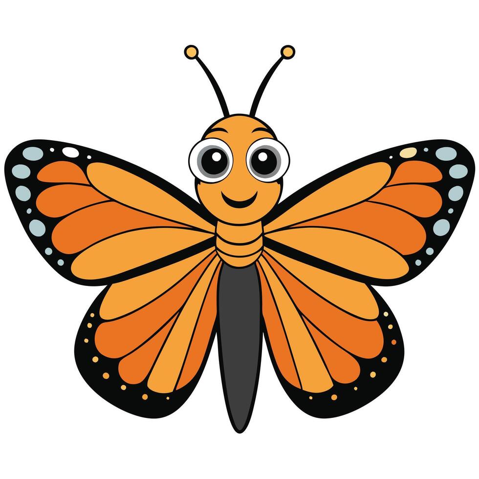 A cartoon butterfly with big eyes and black and orange wings vector