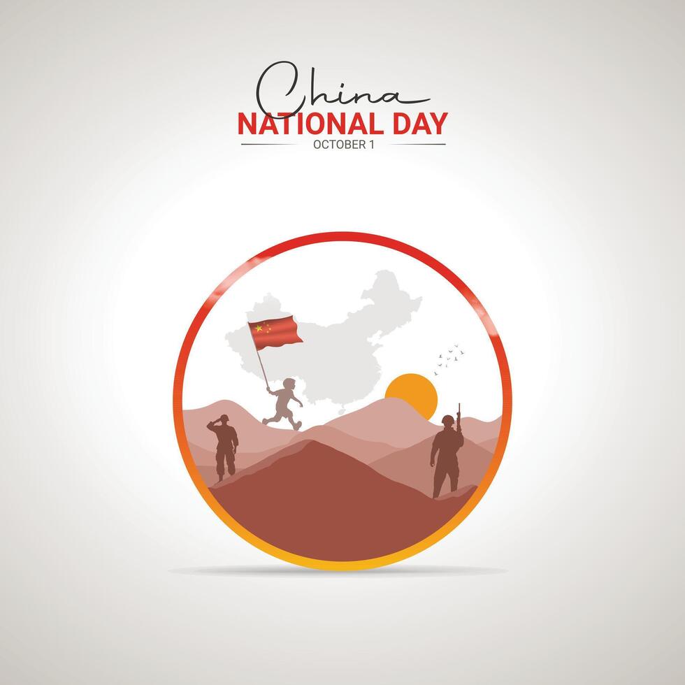 1 October. China Happy National Day greeting card. Waving chinese flags isolated on red background. vector