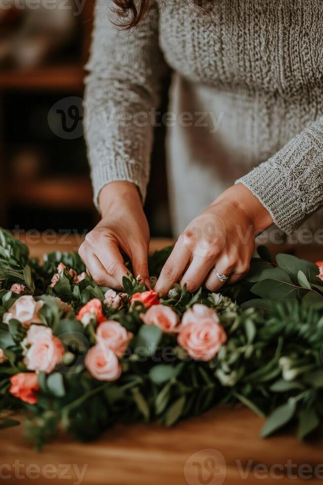 Florist creating a beautiful floral arrangement with pink roses photo