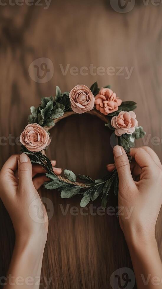 Crafting a floral wreath with delicate roses and greenery photo