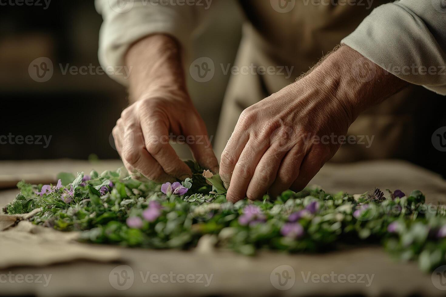 Expert hands arranging fresh herbs and flowers on a rustic table photo