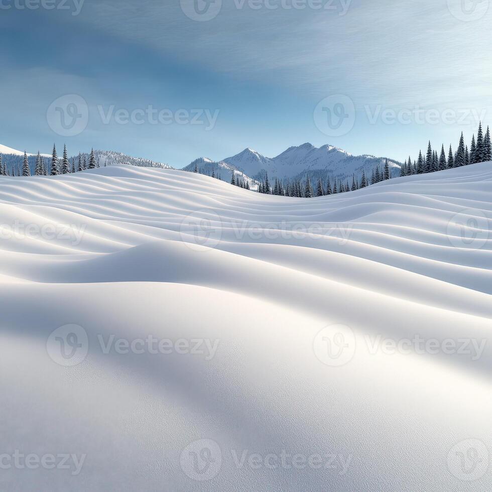 Snow-covered hills under a clear blue sky in the mountains photo