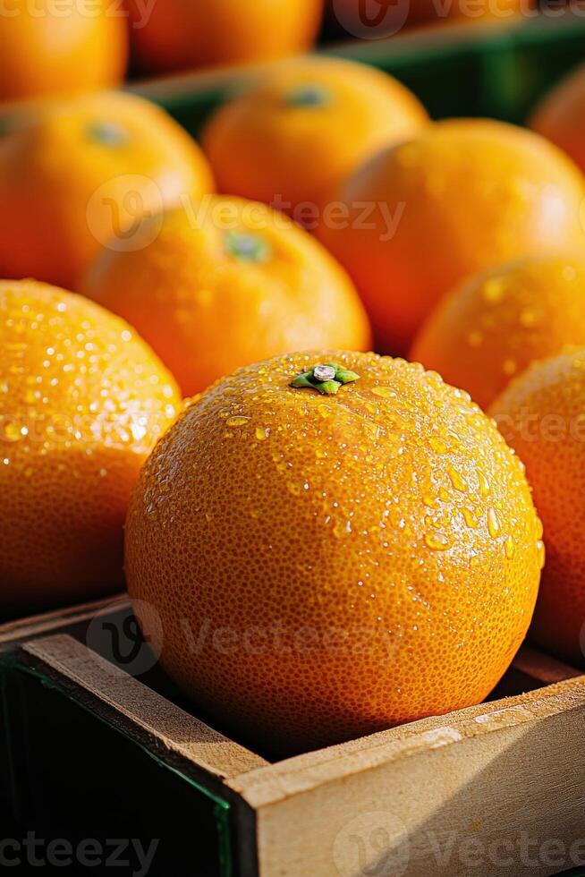 Freshly harvested oranges with droplets in a market at sunrise photo