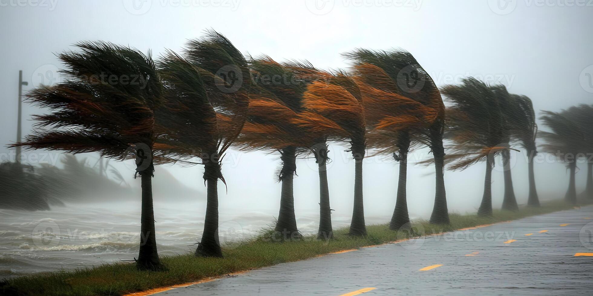 Strong winds bend trees along a coastal road during an intense hurricane photo