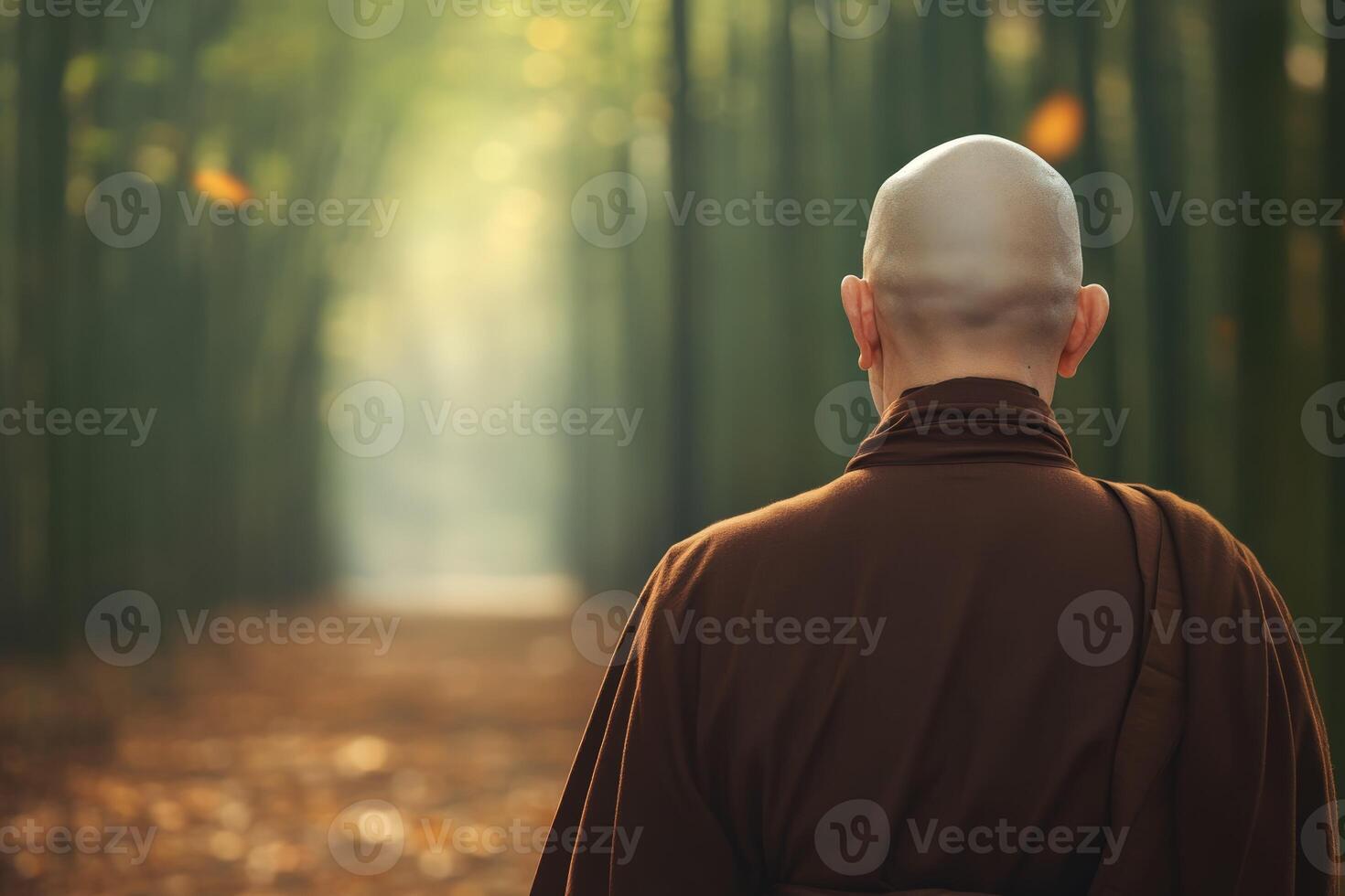 A monk walks through a tranquil bamboo forest during autumn photo