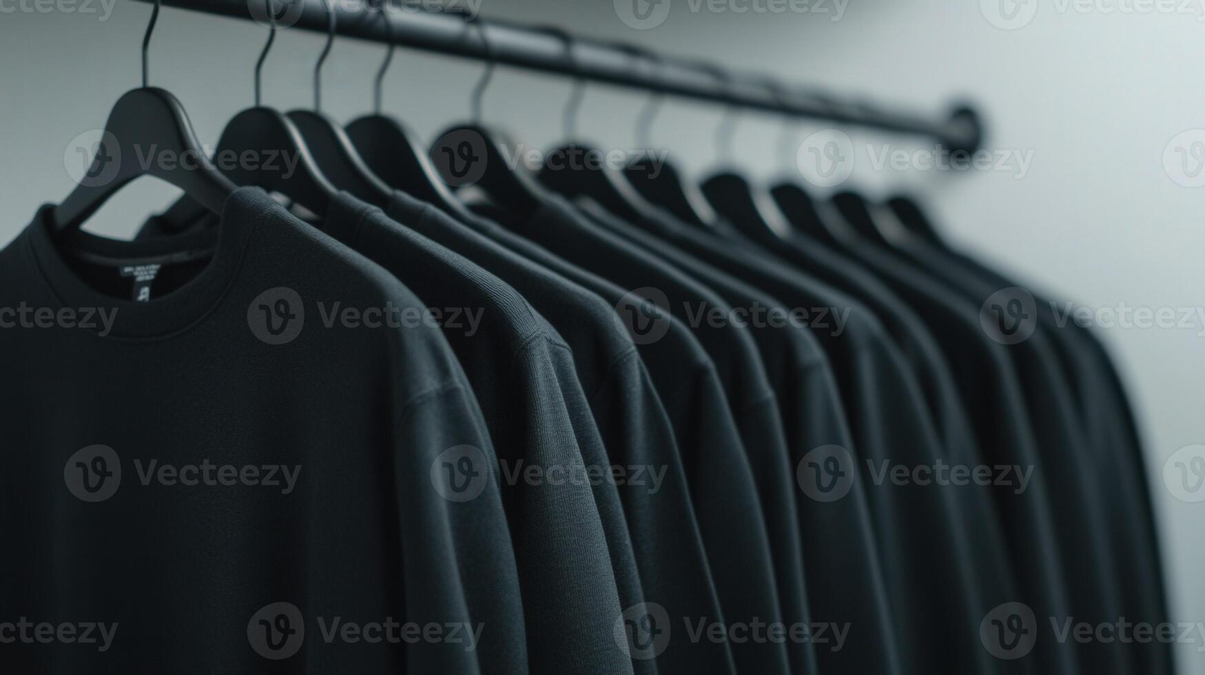 Black sweatshirts neatly arranged on a rack in a modern retail setting photo