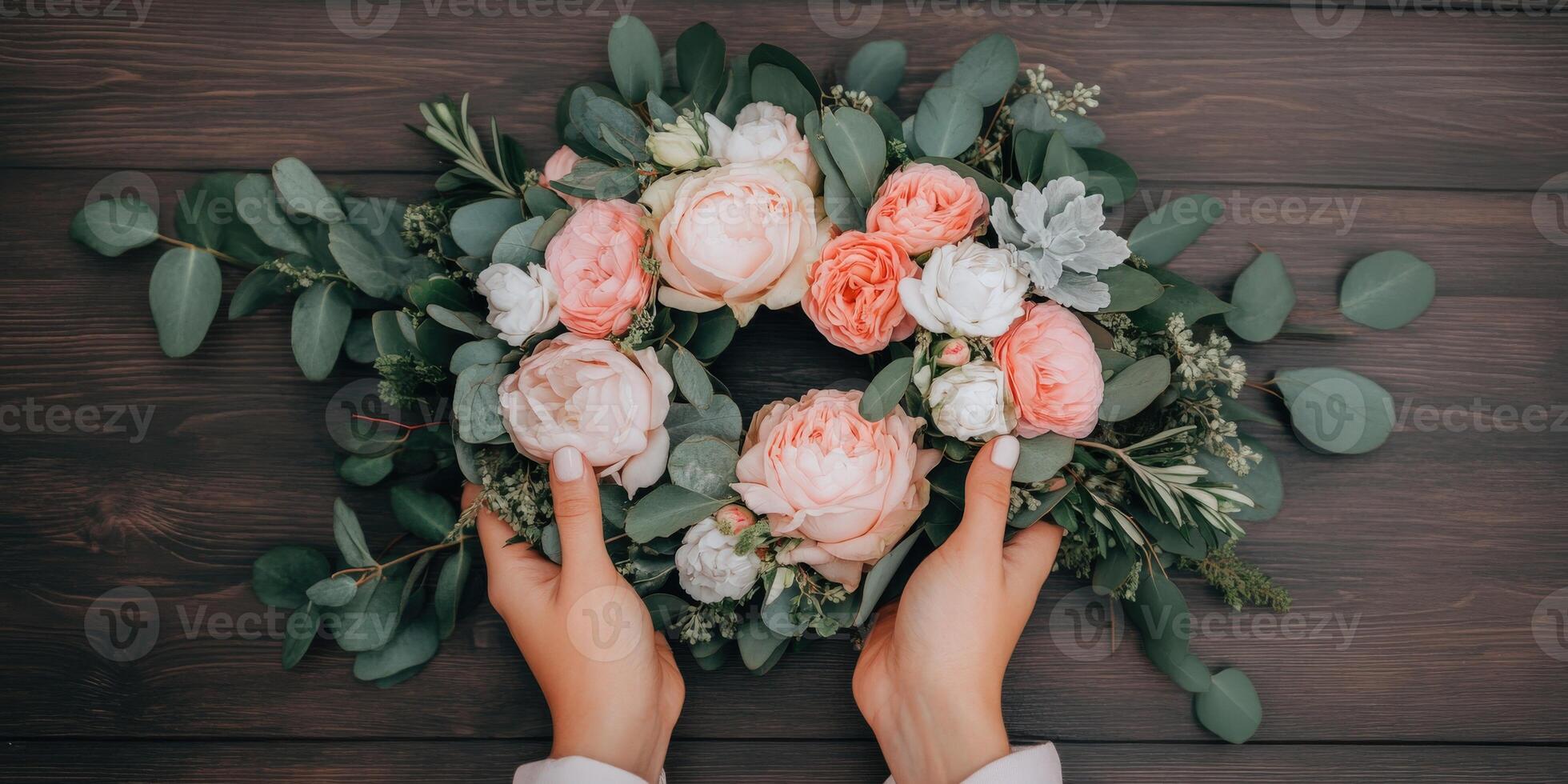 Creating a floral wreath with pink and white blooms on wooden table photo