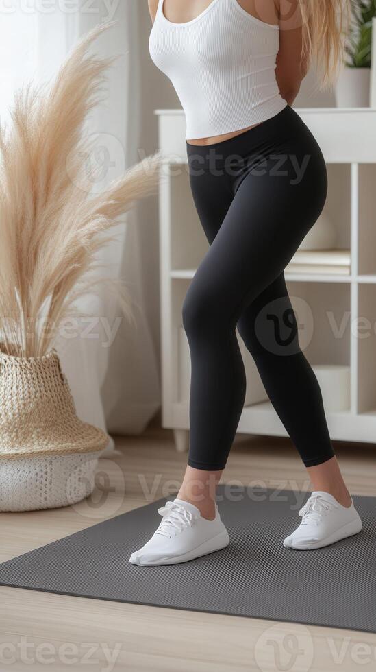 A woman stretches on a yoga mat in a calm living room setting photo