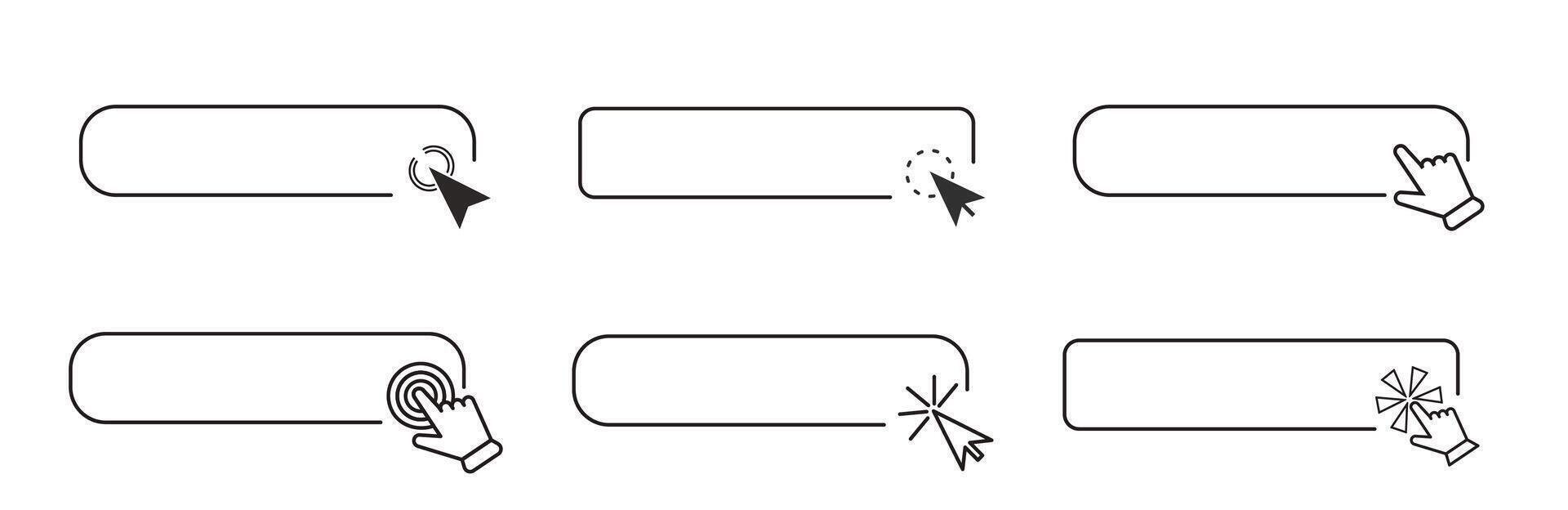 Click here line frame, interface bar with cursor arrow or hand. Ui element search, buy field, link. button for click. Push banner simple icon. vector