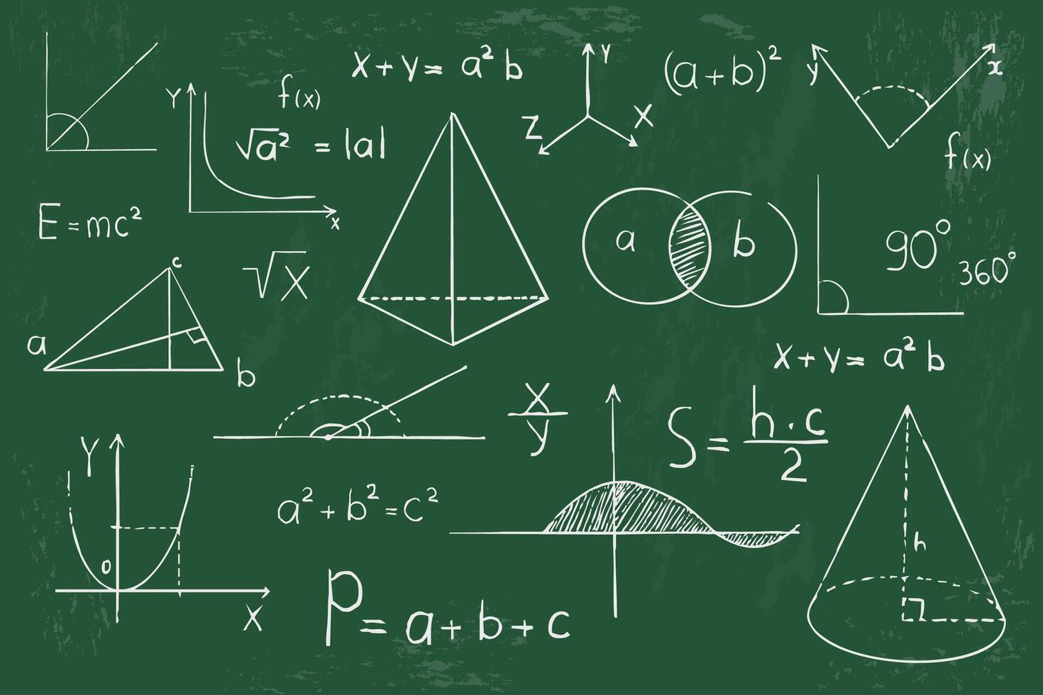 Math geometry graph and shapes on blackboard background. Set science doodle hand drawn sketch elements. Study theory formula, calculations. vector