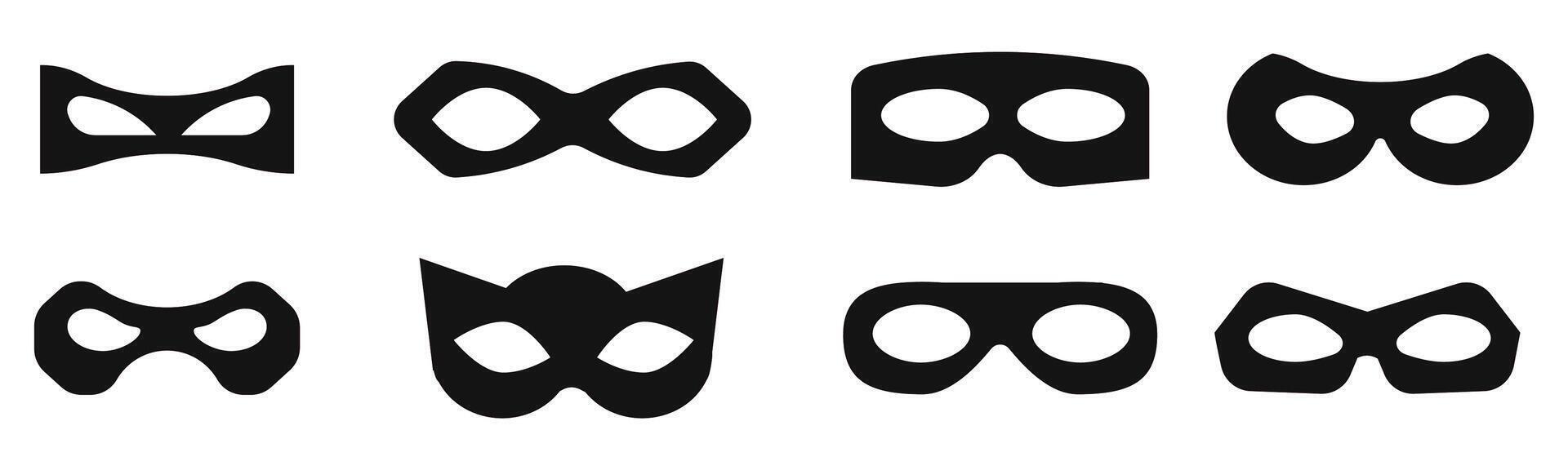 Incognito mask, villain or robber hide face element, black silhouette mystery costume icon. Superhero or carnival bandit burgar vector