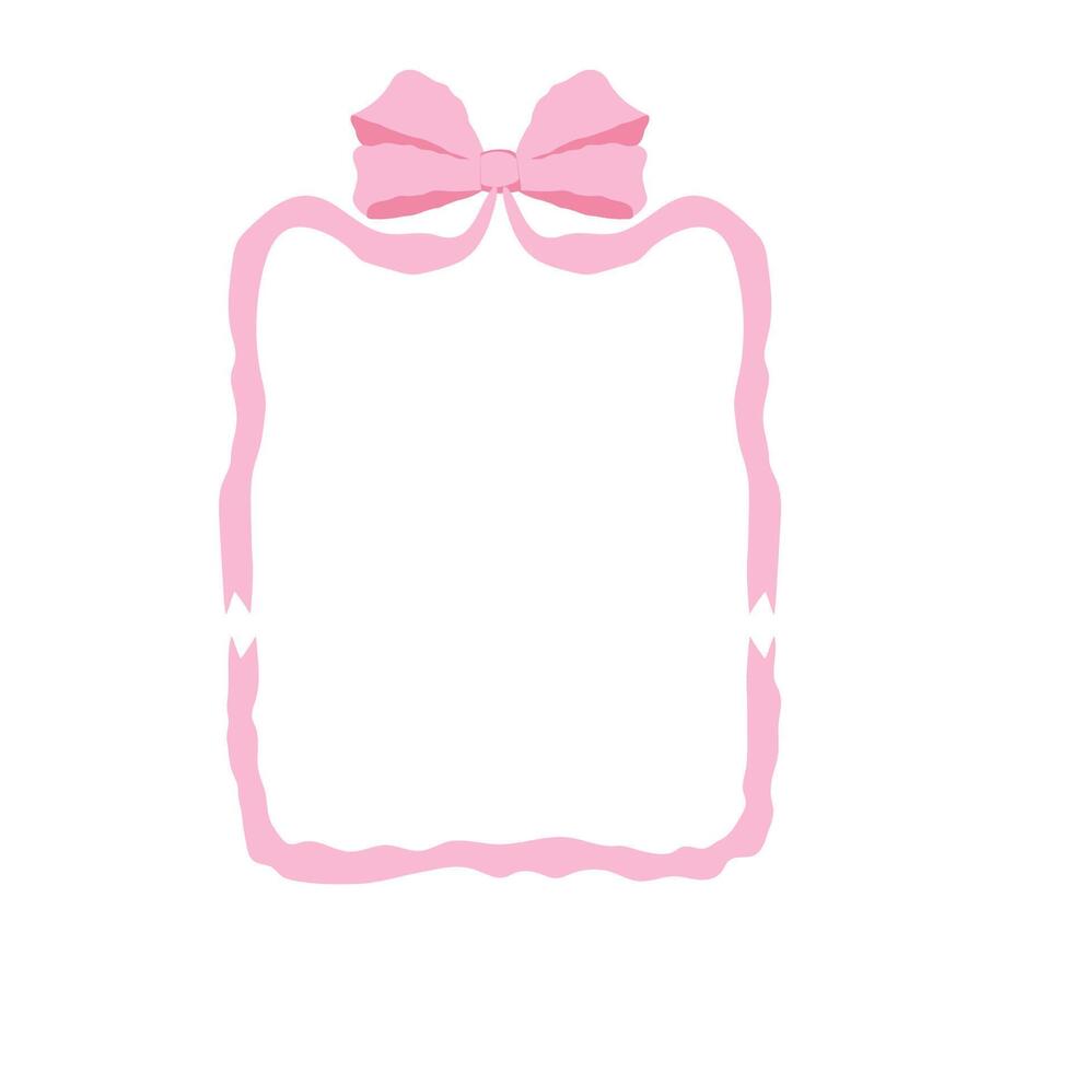 Coquette pink frame ribbon lace bow, pink wavy border y2k retro set. Aesthetic feminine decor. Ruffled ribbon. Doodle hand drawn. vector
