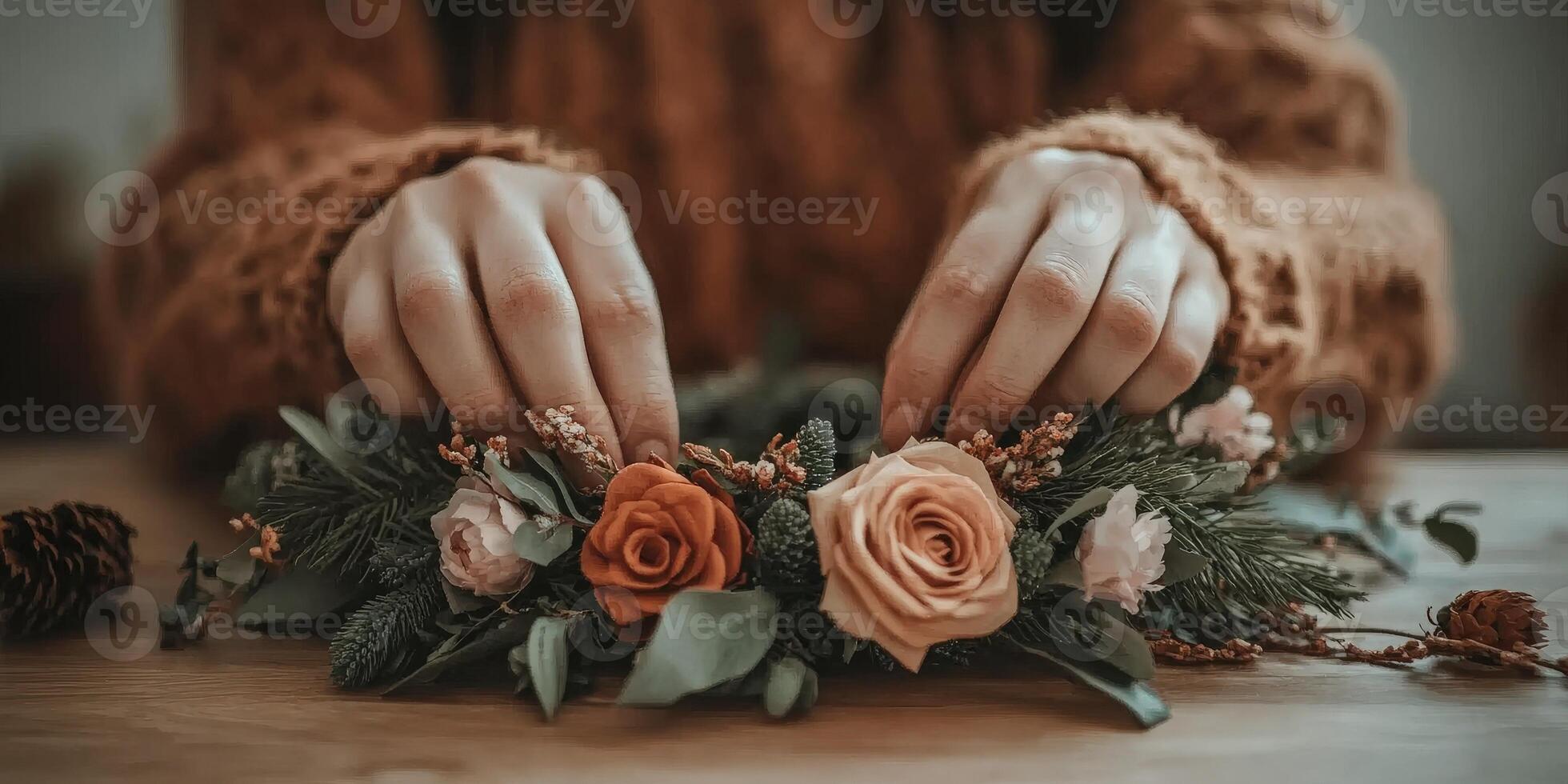 Crafting a floral wreath indoors during autumn photo