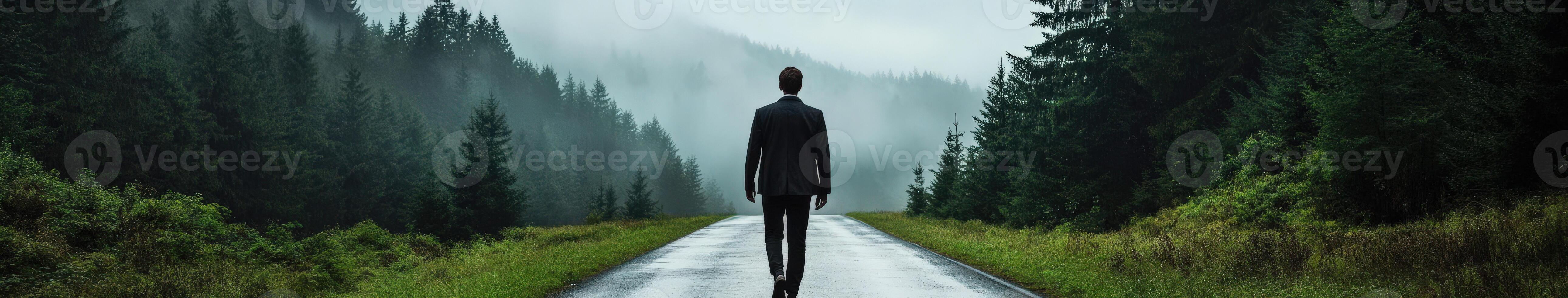 A man walks alone on a wet road through a misty forest at dawn photo