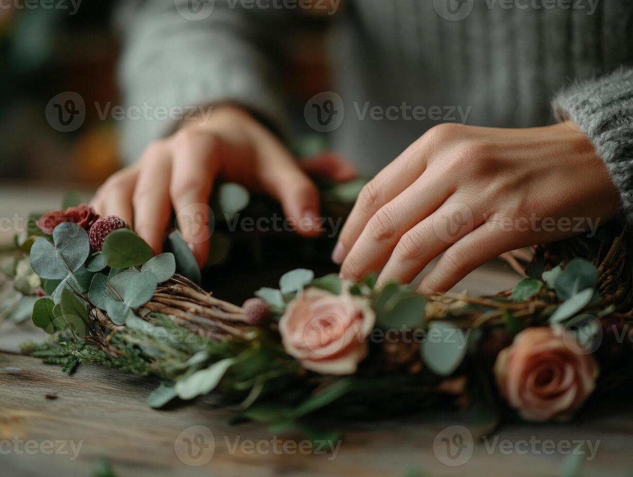 Crafting a floral wreath with natural elements indoors photo