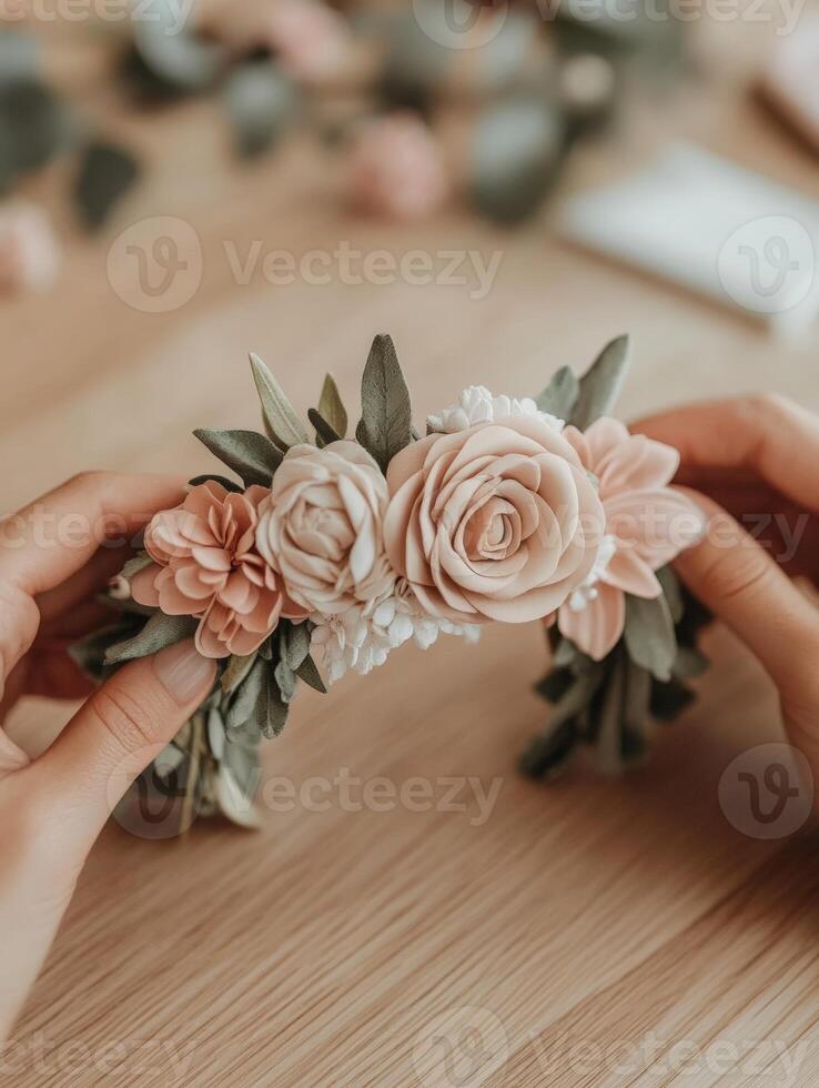 Crafting a floral crown with soft roses and greenery at a workspace photo