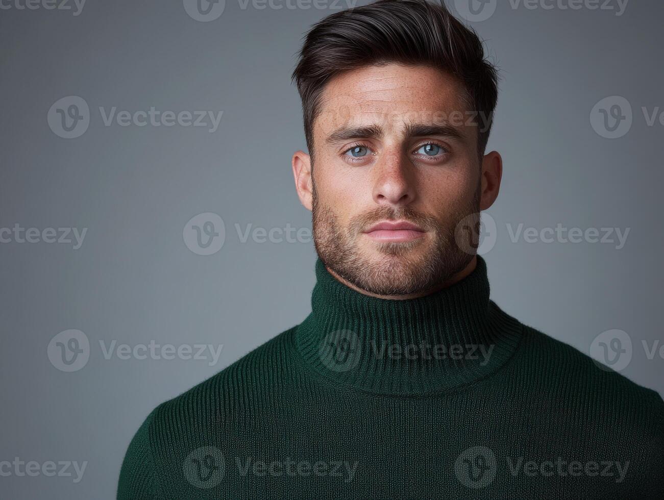 Young man in a green turtleneck sweater posing against a gray background photo