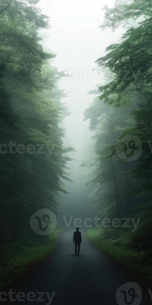 A lone figure walking through a misty forest path at dawn photo