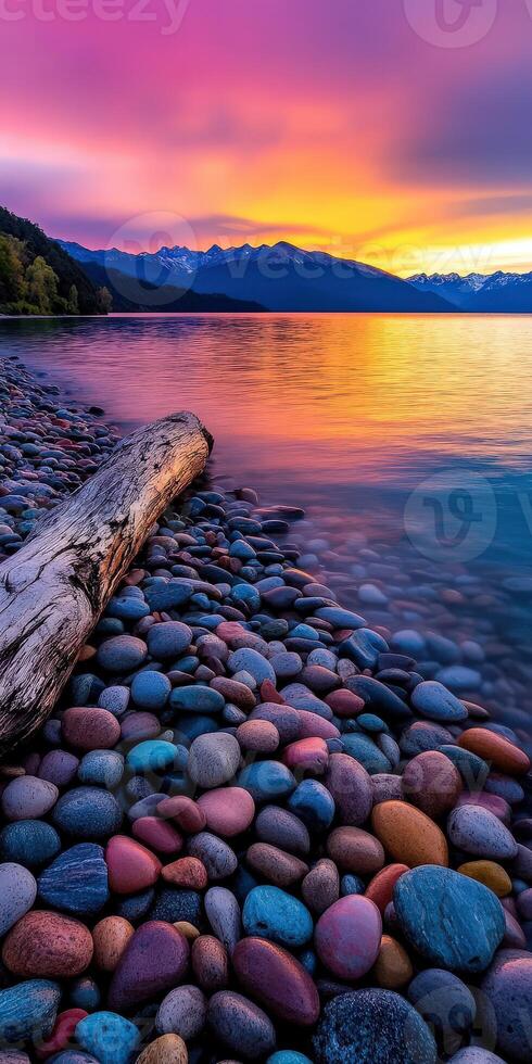 Beautiful sunset over tranquil lake with colorful pebbles photo