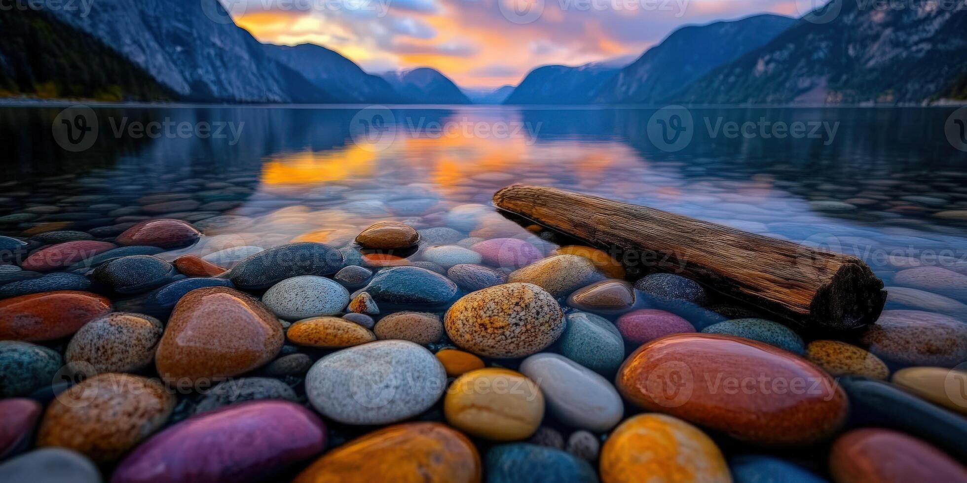 Colorful pebbles along a tranquil lake at sunset in the mountains photo