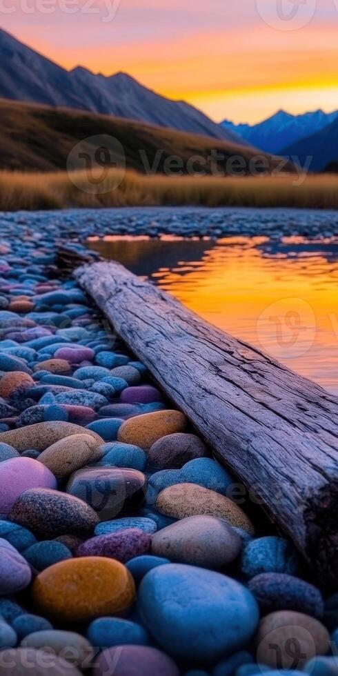 Colorful pebbles and driftwood by the tranquil lake at sunset photo