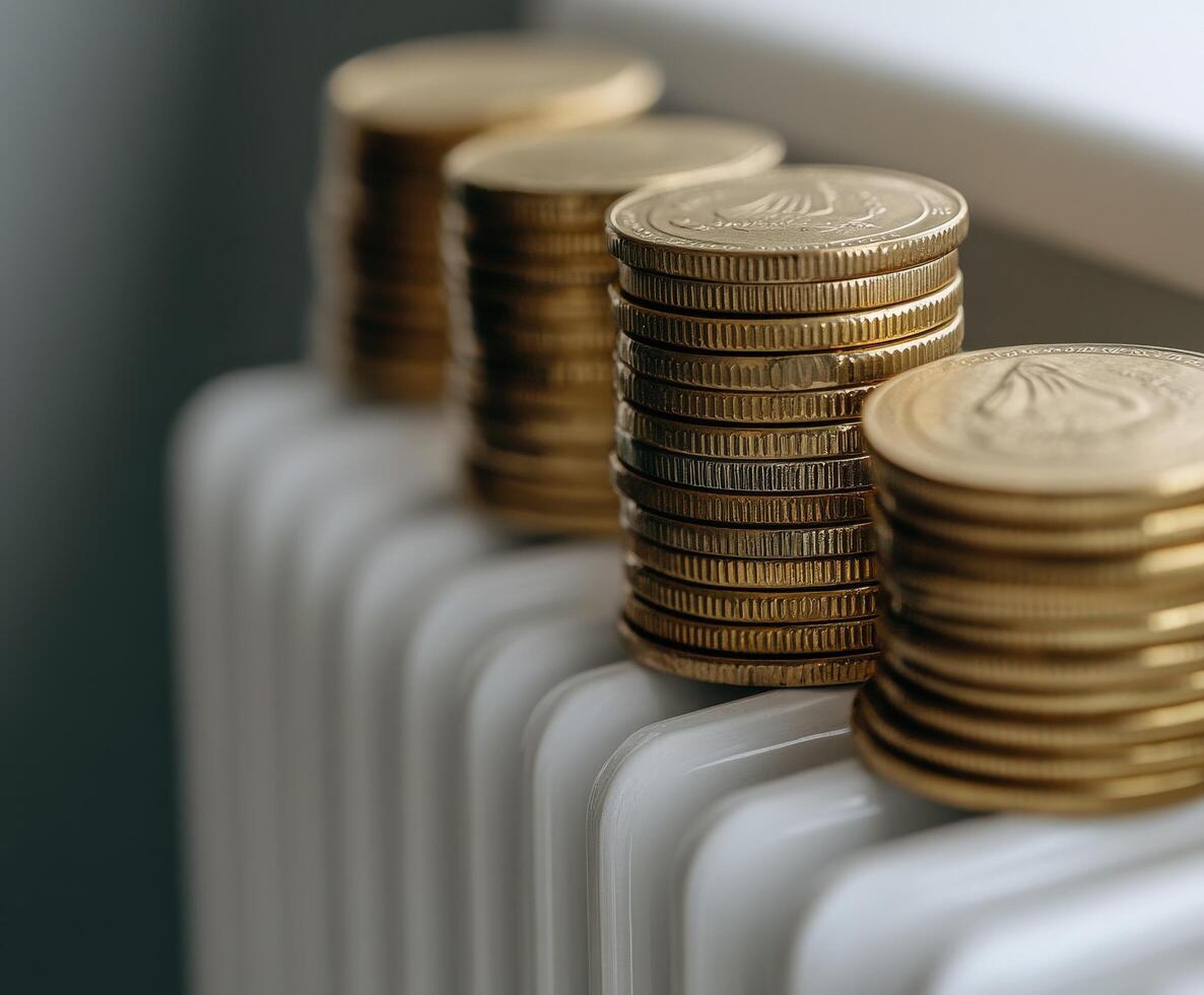Stacked coins arranged on a white radiator in a bright room photo