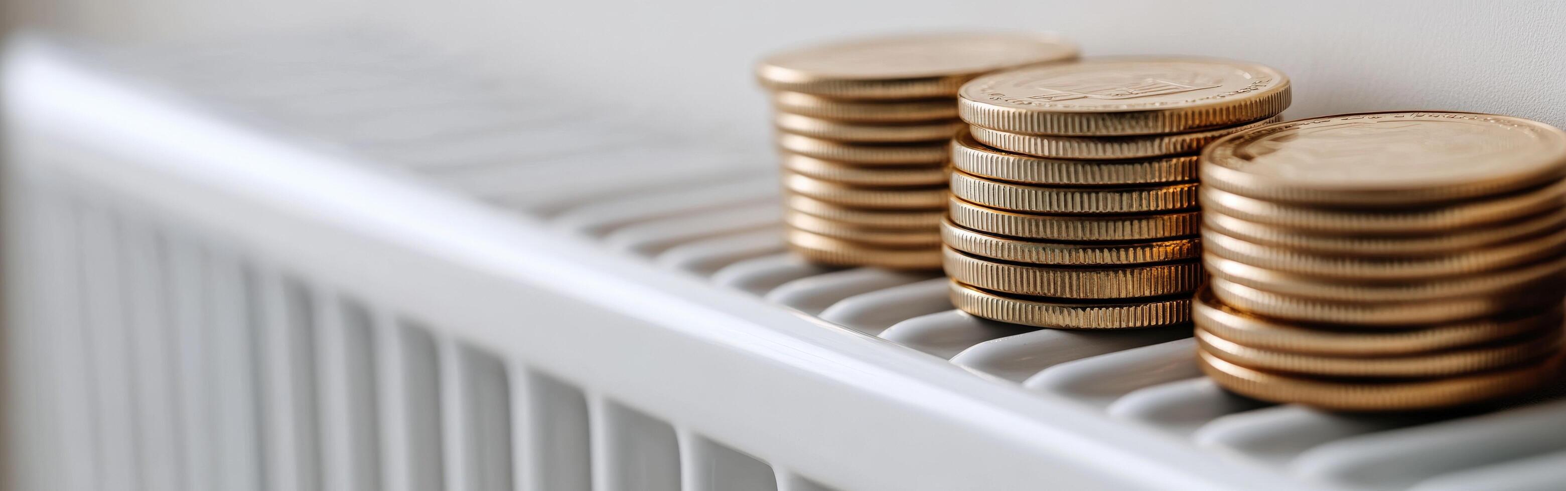 Stacks of coins resting on a radiator in a cozy indoor setting photo