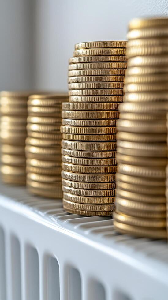 Stacks of gold coins arranged on a white surface in a close-up view photo