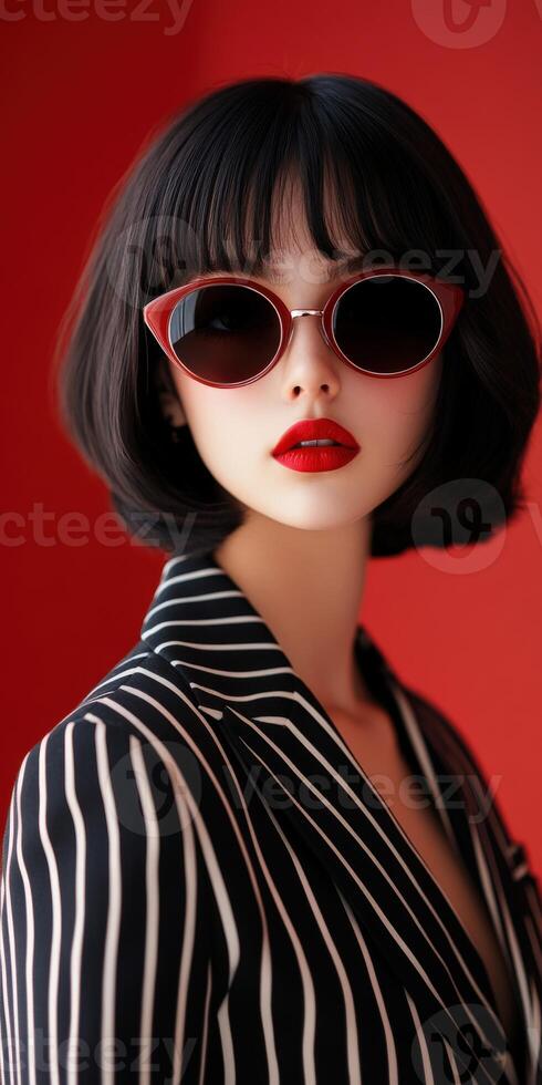 Stylish woman in bold sunglasses poses against vibrant backdrop photo
