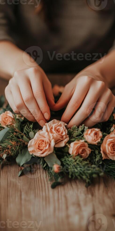 Creating a beautiful floral arrangement with soft pink roses photo