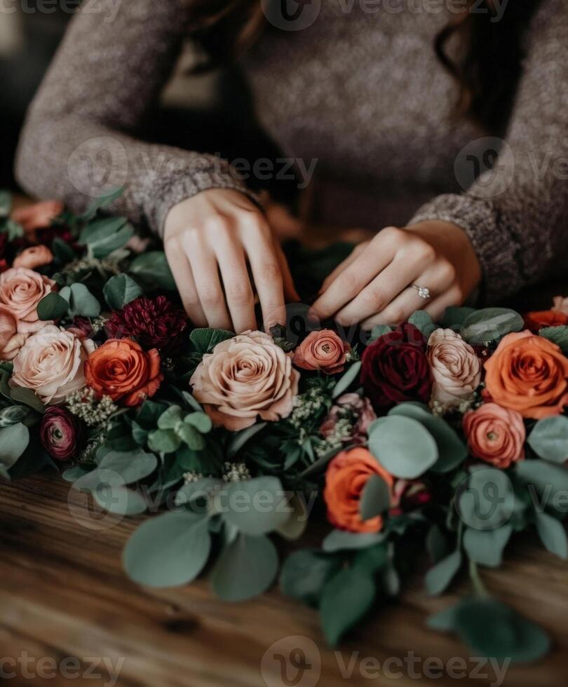 Crafting a beautiful floral arrangement with assorted roses and greens photo