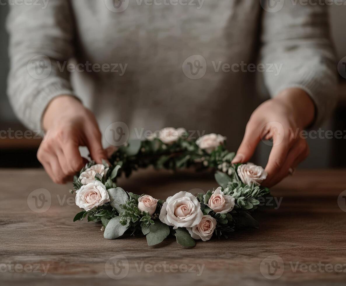 Creating a beautiful flower crown with delicate roses and greenery photo