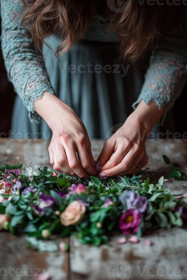 Crafting a beautiful floral arrangement with fresh blossoms and greenery photo