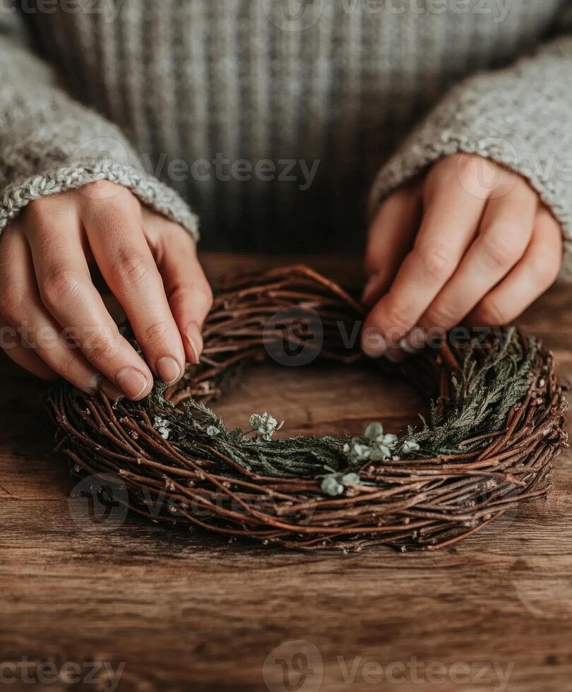 Creating a natural wreath with hands on a wooden surface photo