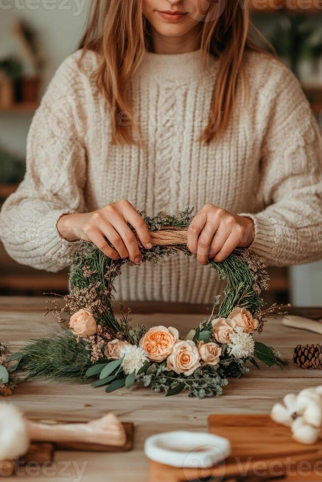 Creating a beautiful flower wreath in a cozy workshop setting photo