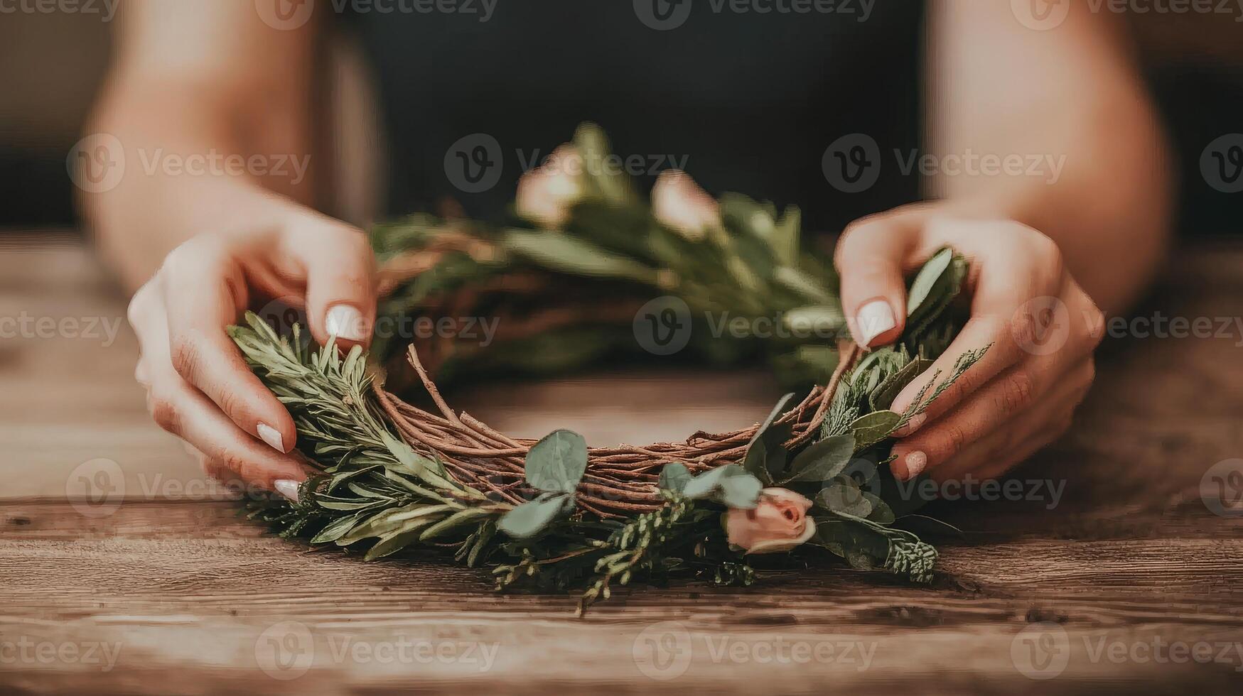 Creating a floral wreath with fresh greenery and delicate roses photo