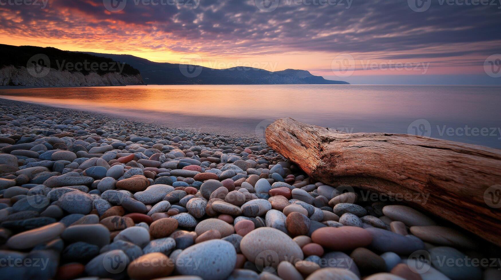 Sunset over tranquil stones along the shore of a calm beach photo