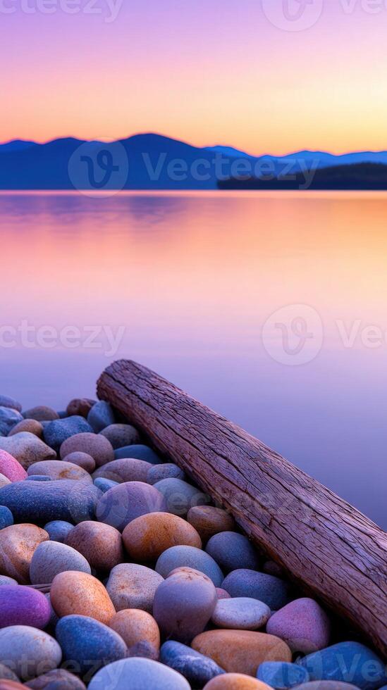 Sunset over calm waters with colorful pebbles and a driftwood log photo