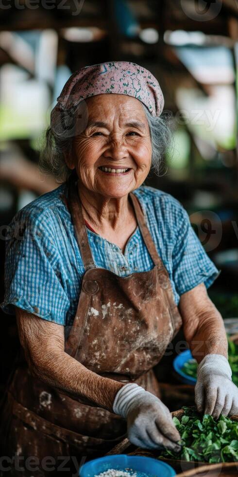 Elderly woman preparing vegetables in a traditional market setting photo