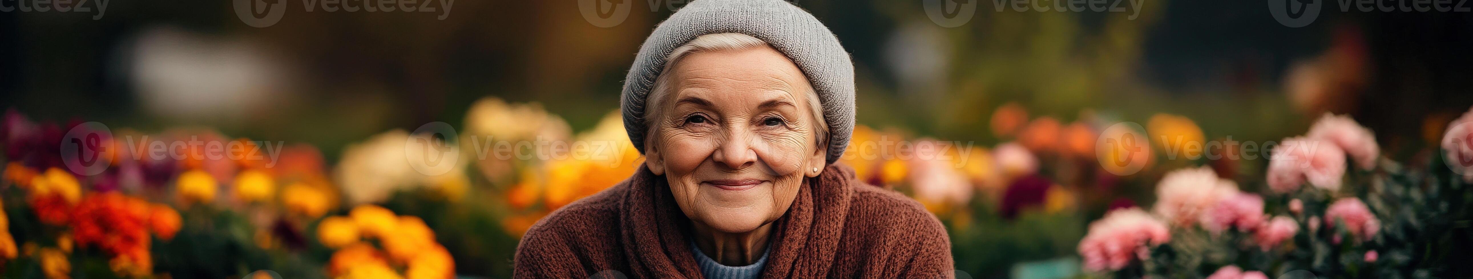 Elderly woman smiling among vibrant flowers in a garden setting photo