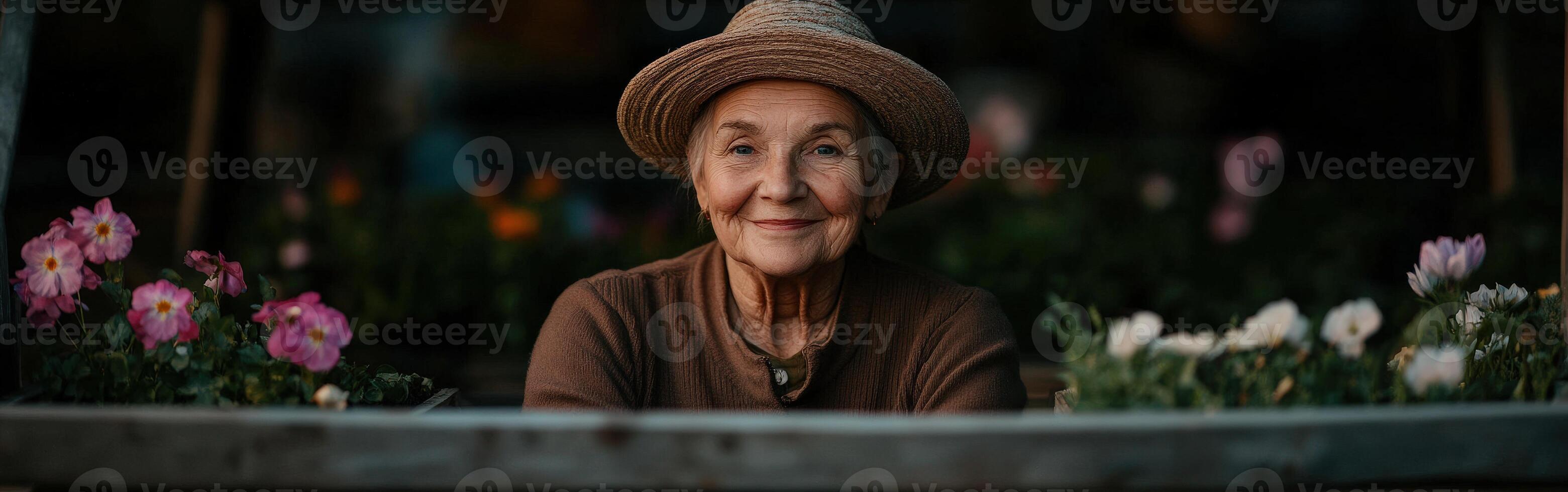Elderly woman smiling warmly in a vibrant flower shop setting photo
