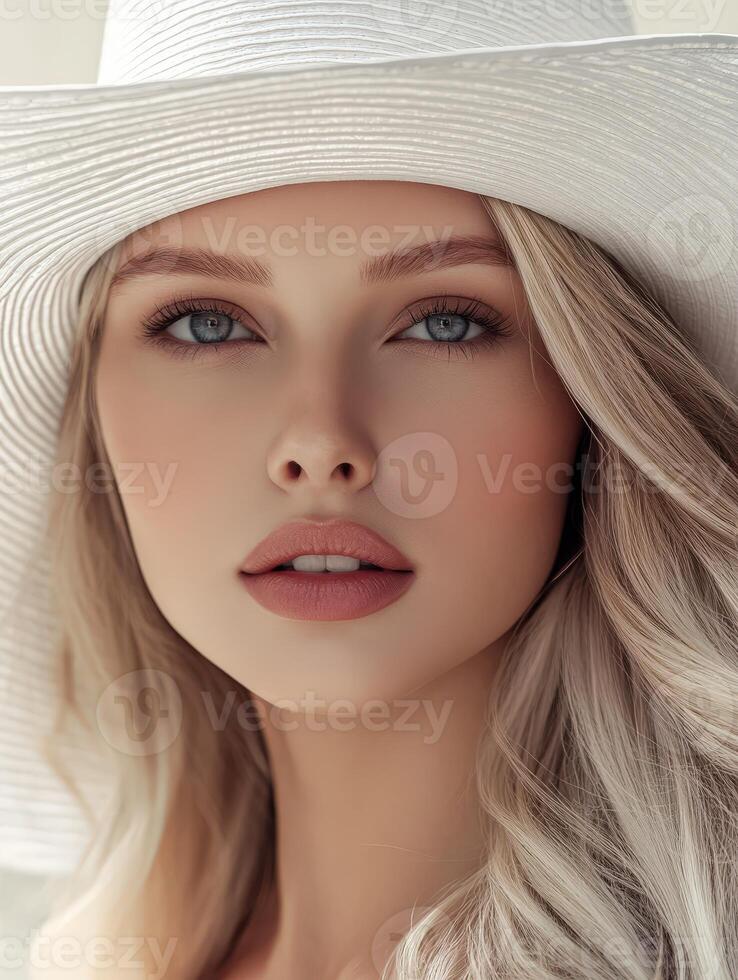 Beautiful woman wearing a wide-brimmed hat with stunning features photo