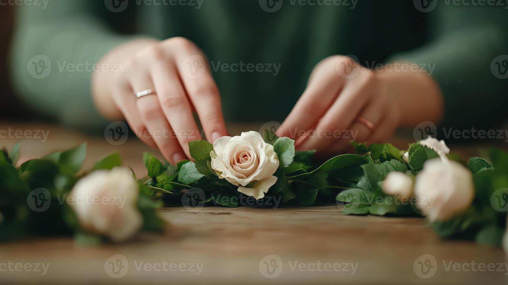Creating a floral crown with white roses and greenery at home photo
